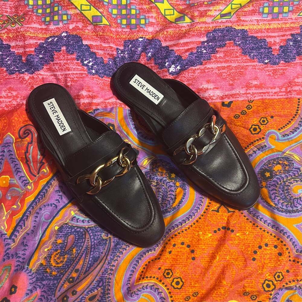 Steve Madden Women's Black Leather Mules with Gold Chain Detail